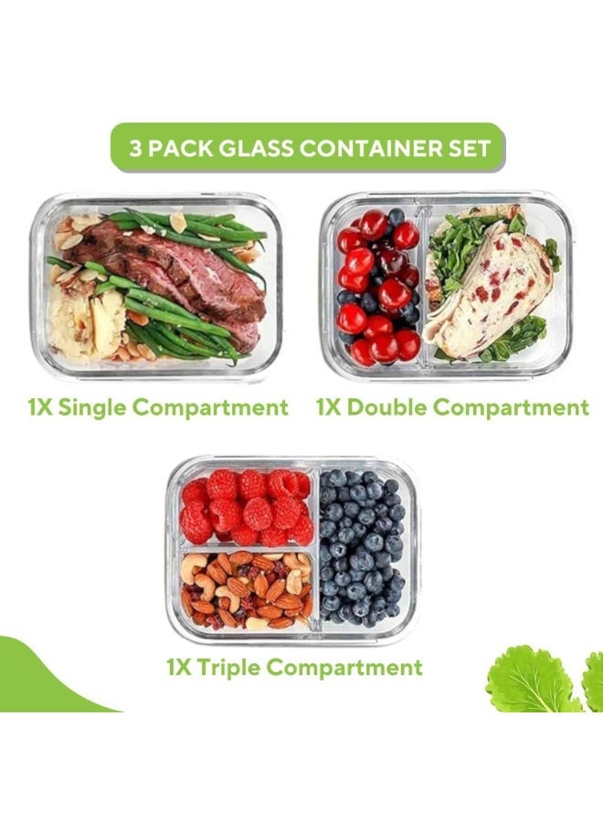 3‑Piece Glass Meal Prep Container Set – 35 oz 1/2/3‑Compartment Lunch Boxes with Airtight Lids | Oven, Freezer & Microwave Safe, Leak‑Proof Portion Control - Image 4